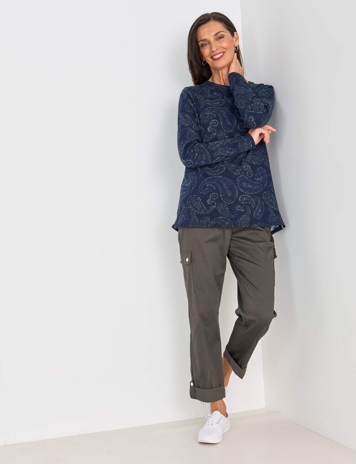 Ella J Paisley Long Sleeve Tee, Navy - Tops