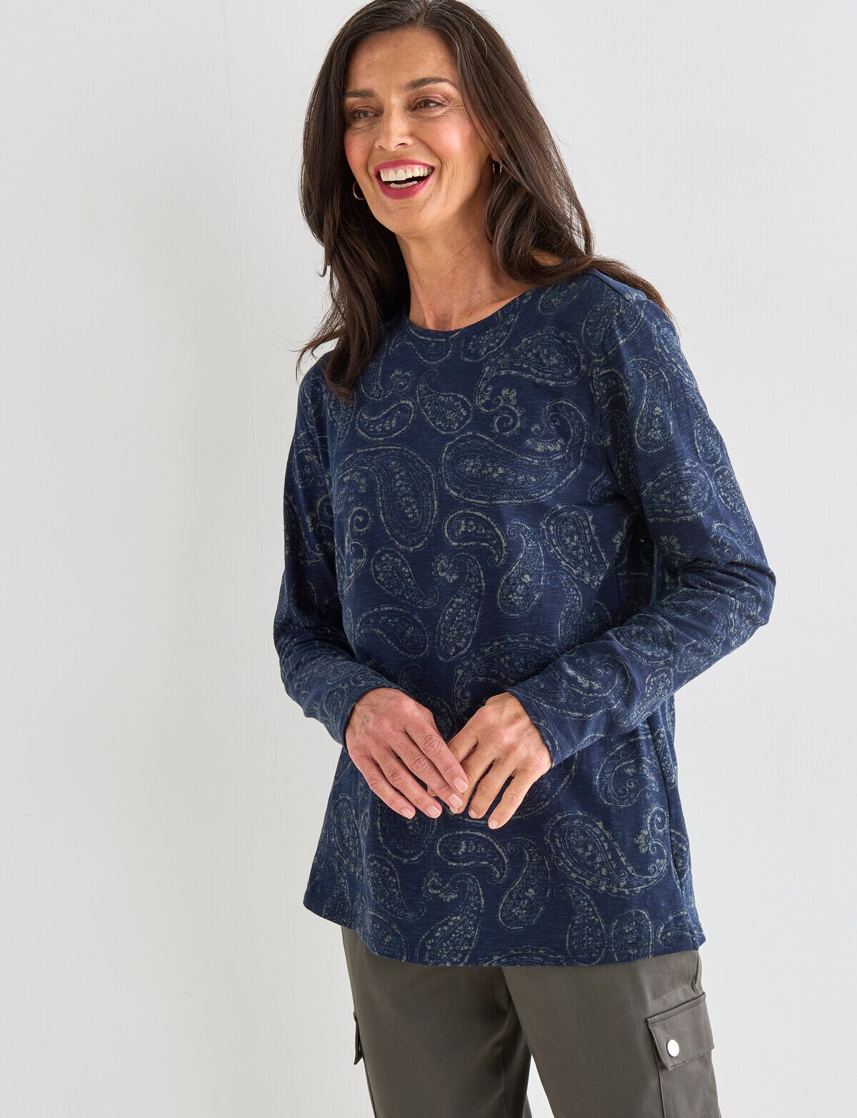 Ella J Paisley Long Sleeve Tee, Navy - Tops