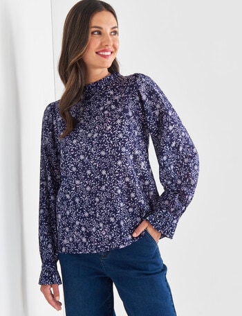 Whistle Ornate Floral Long Sleeve High Neck Button Top, Navy product photo