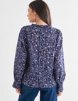 Whistle Ornate Floral Long Sleeve High Neck Button Top, Navy product photo View 02 S