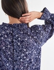 Whistle Ornate Floral Long Sleeve High Neck Button Top, Navy product photo View 04 S