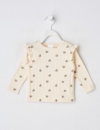 Teeny Weeny All Over Flower Print Pointelle Long Sleeve T Shirt, Warm White product photo