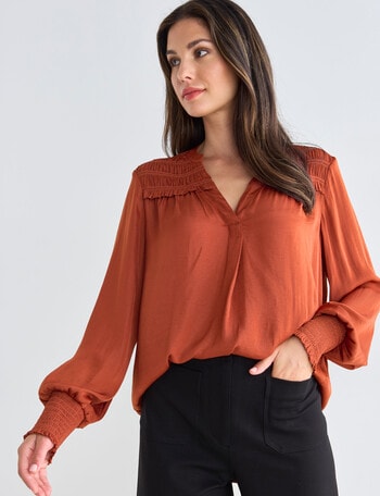 Whistle Hammered Satin Long Sleeve Blouse, Rust product photo