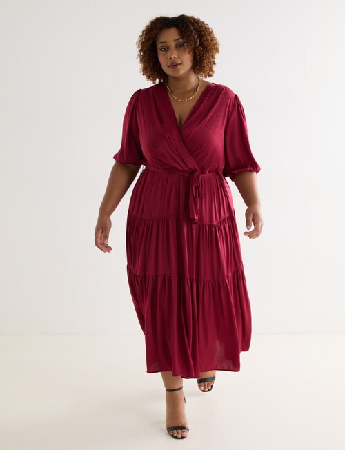 Studio Curve Hammered Satin Wrap Tiered Dress, Ruby product photo View 03 L