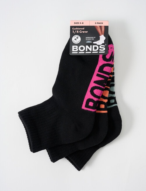 Bonds Logo Quarter Crew Sock, 3-Pack, Black, 3-11 product photo View 02 L