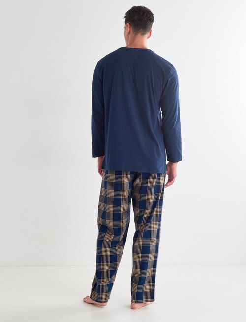Mazzoni Long Sleeve Tee & Brushed Check Pant PJ Set, Navy & Gold product photo View 02 L