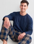 Mazzoni Long Sleeve Tee & Brushed Check Pant PJ Set, Navy & Gold product photo View 03 S