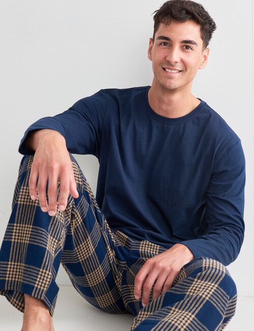 Mazzoni Long Sleeve Tee & Brushed Check Pant PJ Set, Navy & Gold product photo View 03 L