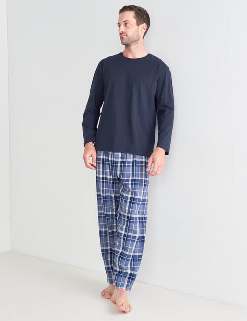 Mazzoni V-Neck Long Sleeve Tee & Check Pant PJ Set, Navy, Blue & White product photo View 03 L