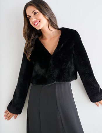 Harlow Long Sleeve Cropped Faux Fur Jacket, Black product photo