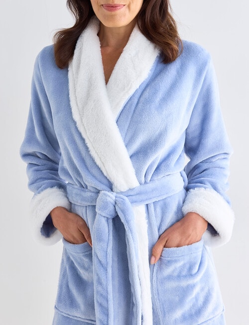 Ruby & Bloom Fleece Robe Faux Fur Collar, Blue, 10-26 product photo View 04 L