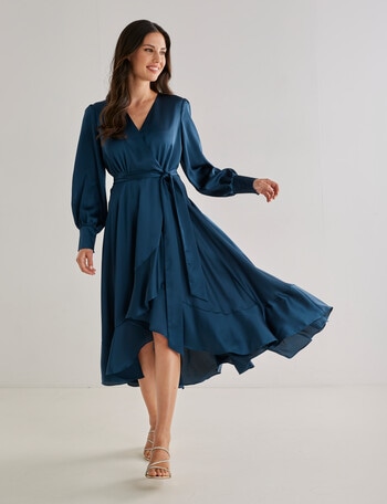 Harlow Long Sleeve High-Low Mock Wrap Dress, Emerald product photo