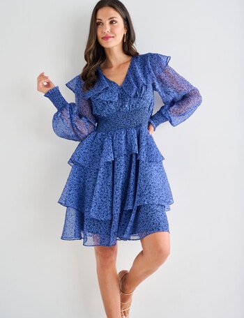 Harlow Long Sleeve V-Neck Ruffle Party Dress, Blue Blooms product photo