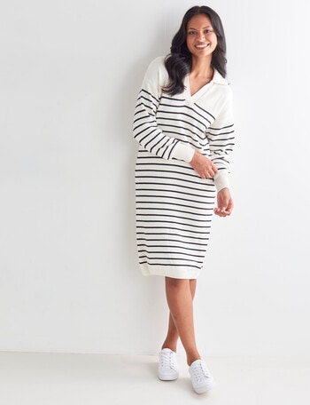 Zest Stripe Knit Collar Sweater Dress, Ecru product photo