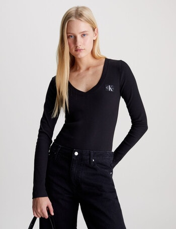 Calvin Klein Woven Lable V-Neck Long Sleeve Top, Black product photo