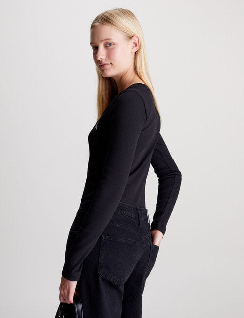 Calvin Klein Woven Lable V-Neck Long Sleeve Top, Black product photo View 02 L