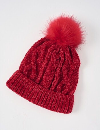Boston + Bailey Chenille Pompom Beanie, Red product photo