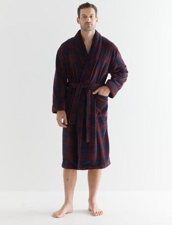 Chisel Check Fleece Robe, Navy & Burgundy product photo