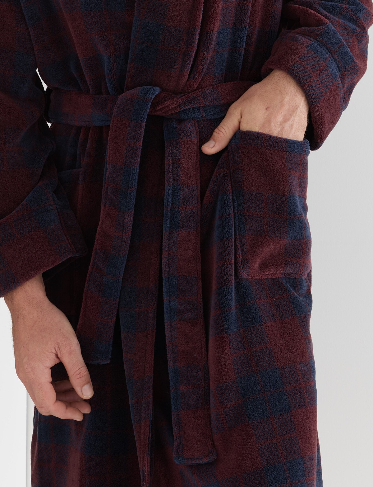 Chisel Check Fleece Robe, Navy & Burgundy - Robes