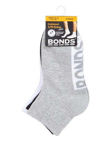 Bonds Logo Quarter Crew Sock, 3-Pack, Grey, Black & White product photo