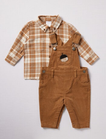 Teeny Weeny Cord Overalls & Flannel Check Shirt Set, 2-Piece, Brown product photo