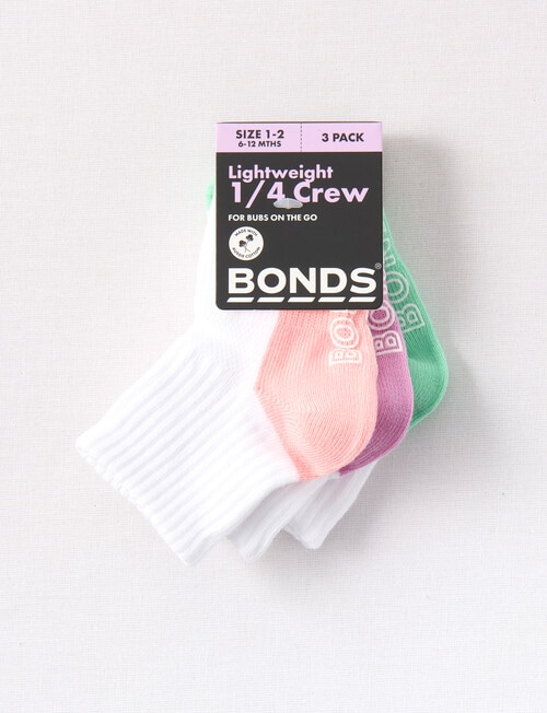 Bonds Logo Lite Quarter Crew Socks, 3-Pack, White & Pinks product photo View 02 L