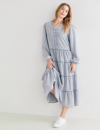 Zest Long Sleeve Tiered Dress, Chambray product photo