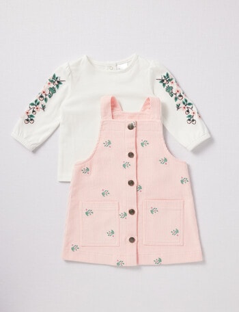 Teeny Weeny Cord Pinny & Tee Embroidered Flower Set, 2-Piece, Rose Pink & White product photo