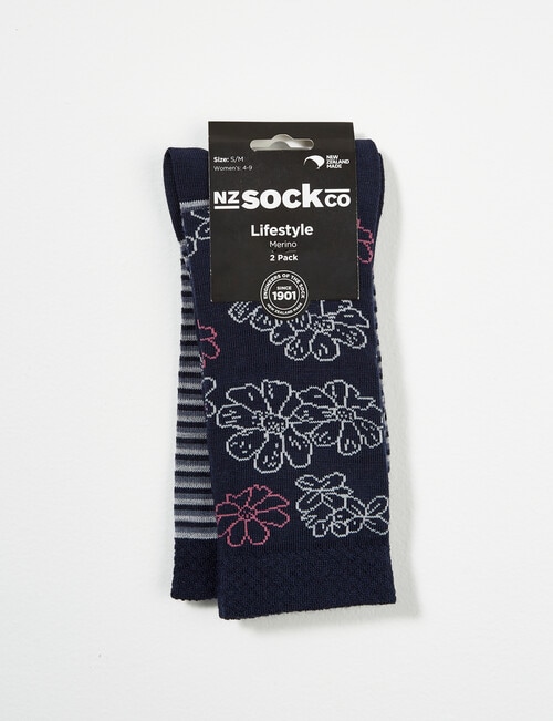 NZ Sock Co. Merino Crew Sock, 2-Pack, Navy Floral & Stripe, 4-11 product photo View 02 L