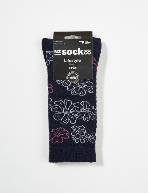 NZ Sock Co. Merino Crew Sock, 2-Pack, Navy Floral & Stripe, 4-11 product photo View 03 L