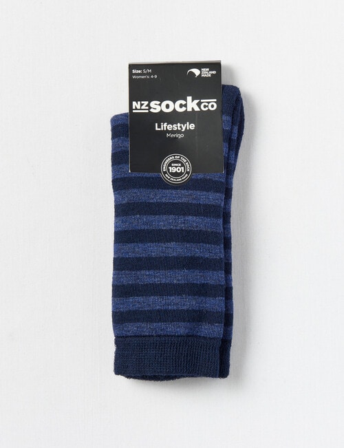 NZ Sock Co. Merino Cush Stripe Crew Socks, Navy & Denim, 4-11 product photo View 02 L