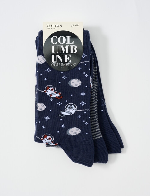 Columbine Crew Cats in Space Cotton Crew Socks, 3-Pack, Navy 4-11 product photo View 02 L