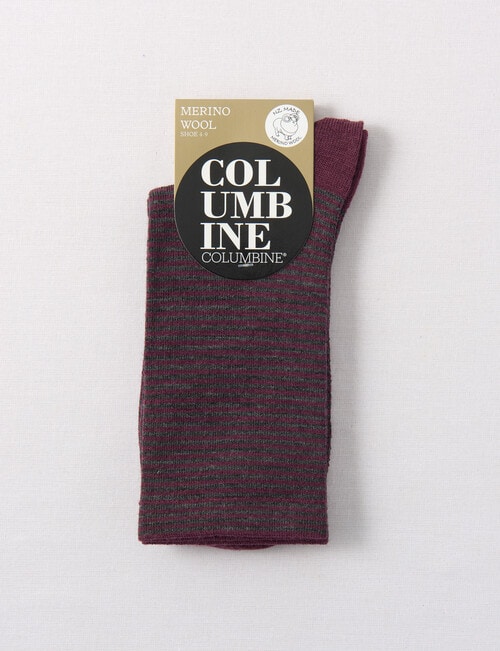 Columbine Merino Fine Stripe Bordeaux Crew Socks, Burgundy, 4-11 product photo View 02 L