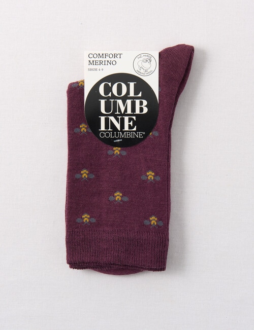 Columbine Comfort Merino Bees Bordeaux Crew Socks, Maroon, 4-11 product photo View 02 L