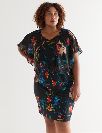 Studio Curve Floral Print Flutter Sleeve Dress, Black product photo