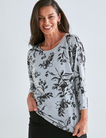 Ella J Floral 3/4 Soft Touch Batwing Top, Grey product photo