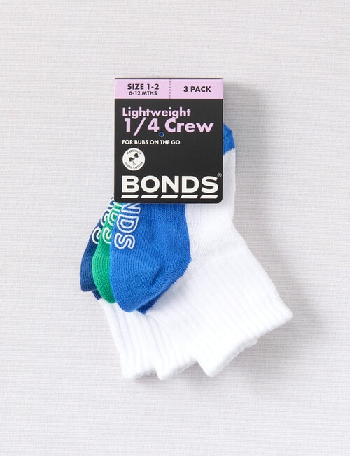 Bonds Logo Lite Quarter Crew Socks, 3-Pack, White & Blues product photo View 02 L