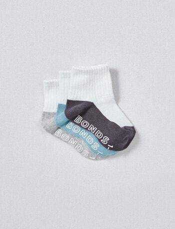 Bonds Logo Lite Quarter Crew Socks, 3-Pack, White, Grey & Teal Nikita product photo