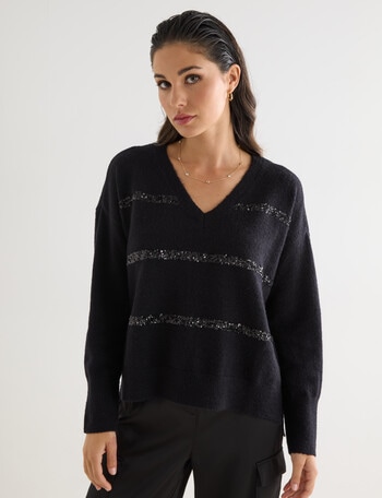 Whistle Long Sleeve Sequin Jumper, Black product photo