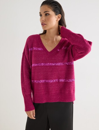 Whistle Long Sleeve Sequin Jumper, Magenta product photo