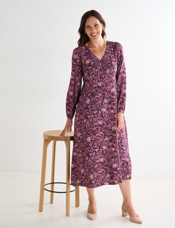 Ella J V-Neck Dress, Berry Print product photo