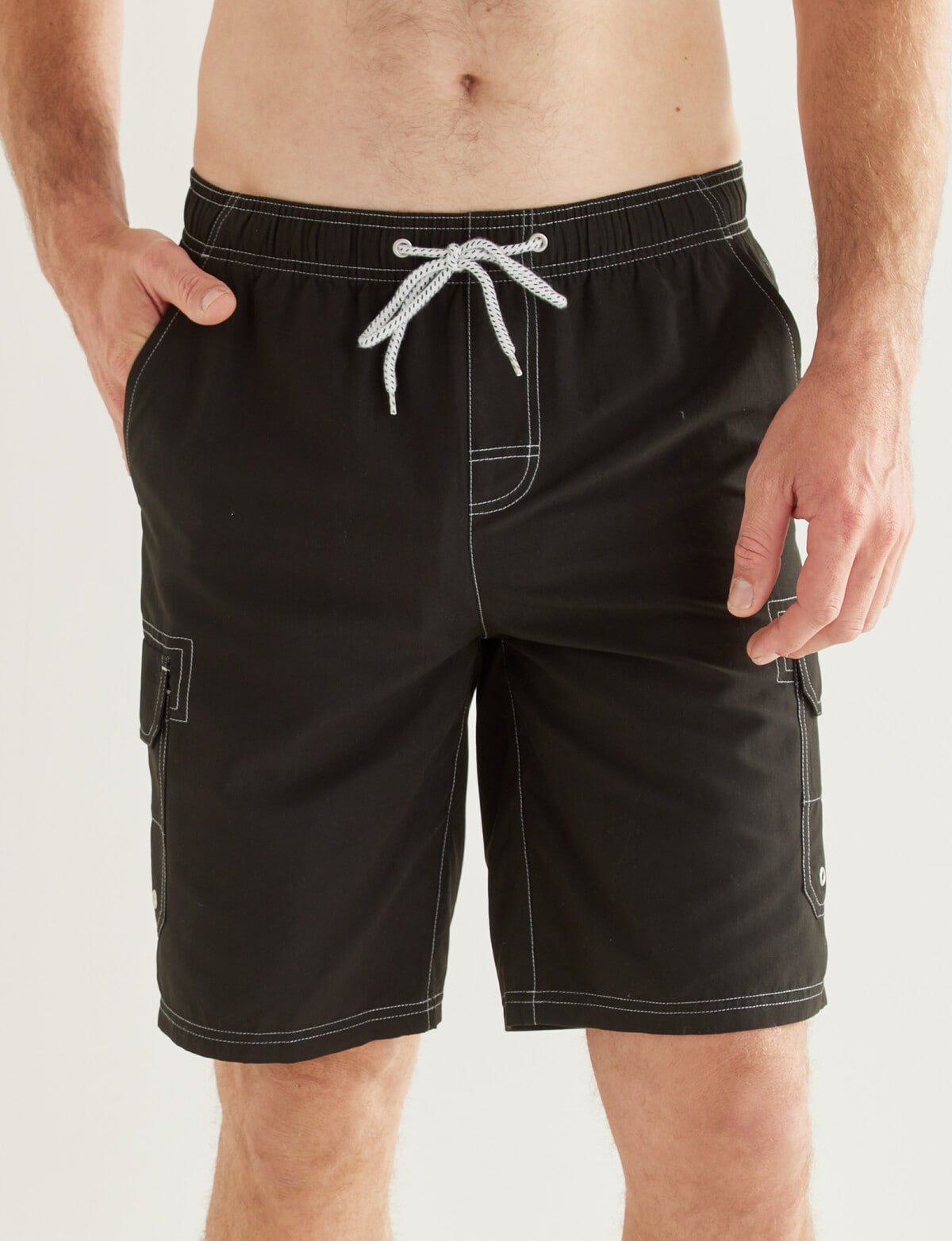 Chisel Contrast Stitch Swim Short Cargo, Black Swimwear