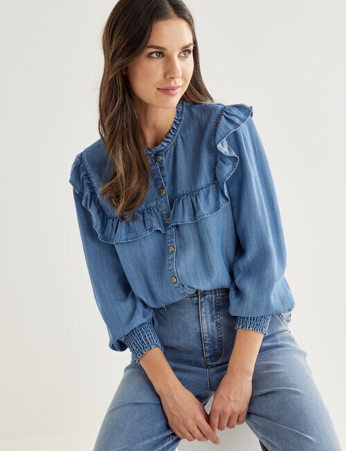 Whistle Ruffle Blouse Long Sleeve, Denim Tops