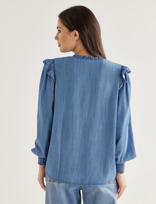 Whistle Ruffle Blouse Long Sleeve, Denim Tops
