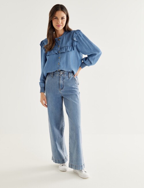 Whistle Ruffle Blouse Long Sleeve, Denim Tops