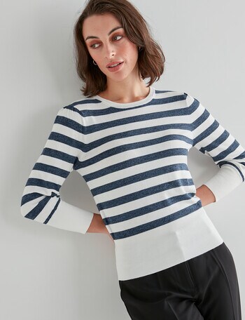 Oliver Black 3/4 Stripe Knit Jumper, Ink & White - Womens Clearance