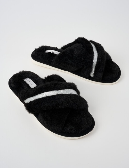Lyric Bling Fluffy Crossover Slides, Black product photo