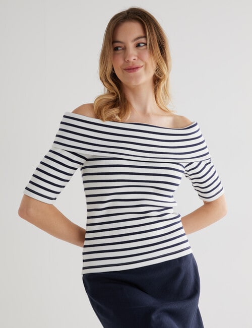 Whistle Stripe Rib Bardot Top, Navy & White product photo View 04 L