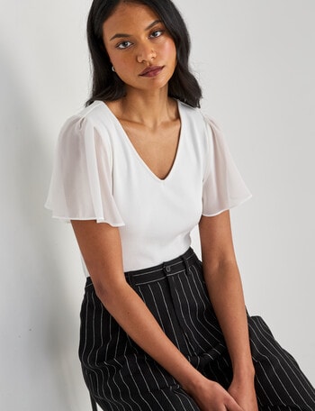 Whistle V-Neck Rib Flutter Sleeve Tee, White product photo