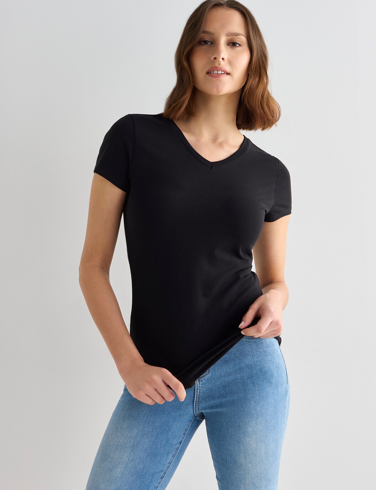 T-Shirt Femme Reference Point Noir - Col V, Manches Courtes Cap Sleeve - Taille L - 100% Coton - Neuf étiqueté